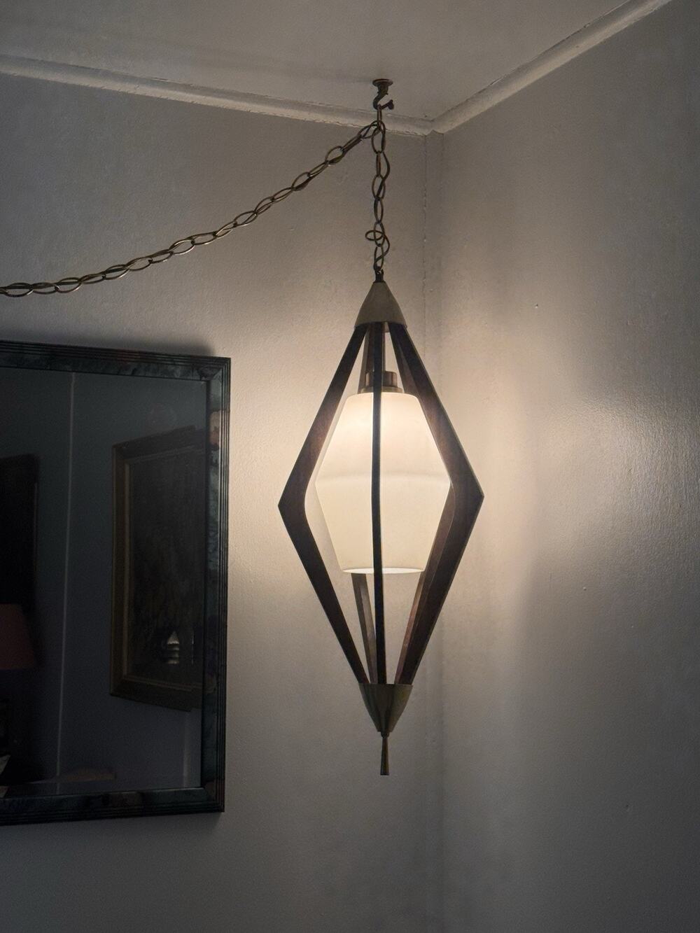 Vintage Mid Century Modern Walnut & Frosted Glass Pendant Lamp, 1960s pos Virden